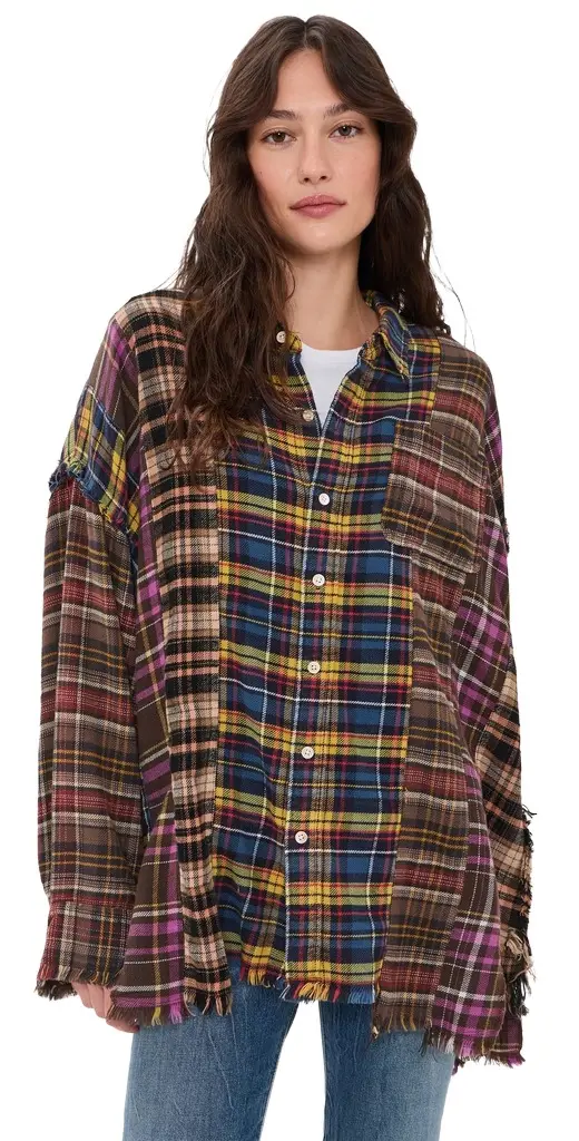 R13 Spliced Drop Neck Button Down Shirt