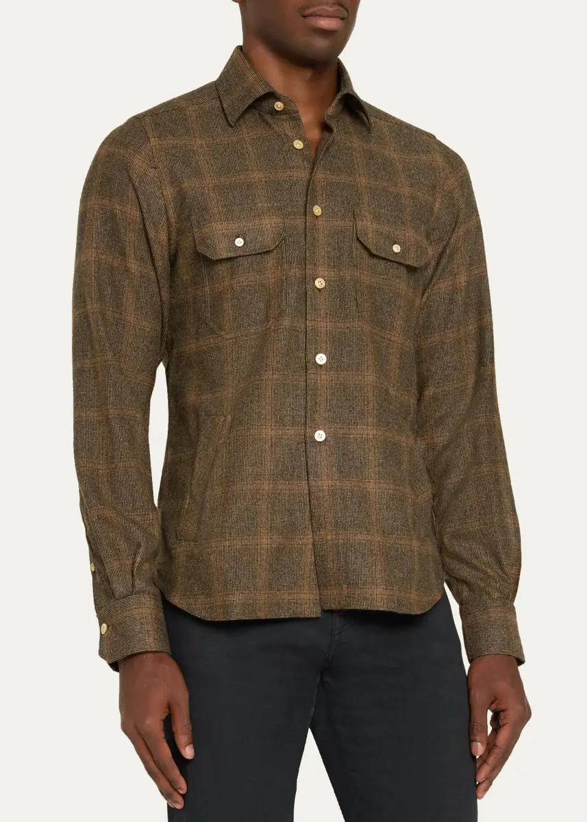 Kiton Men's Cashmere and Wool Plaid Button-Front Shirt | Thumbnail 4