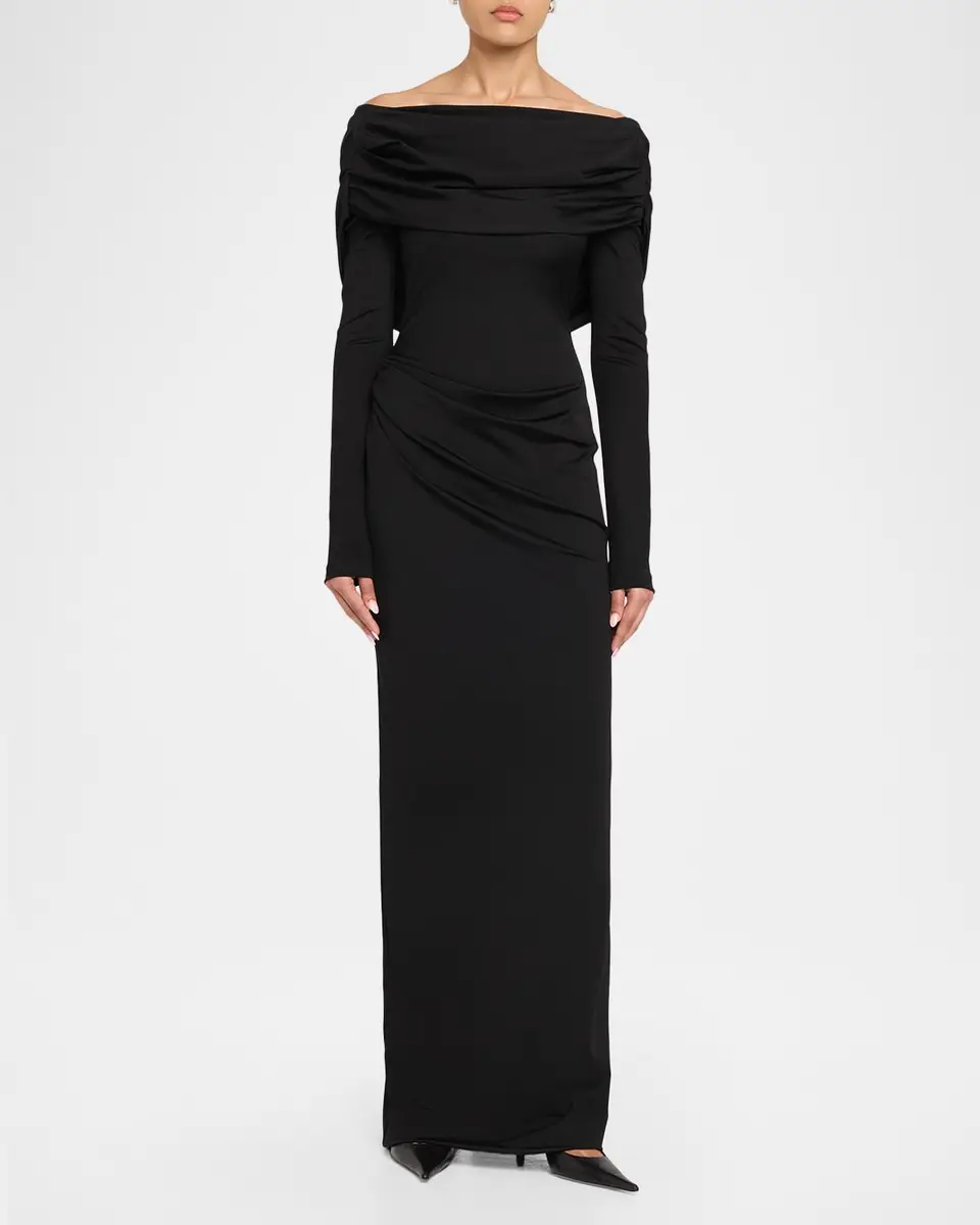 Lela Rose Off-The-Shoulder Satin Jersey Draped Backless Gown | Thumbnail 2 Lela Rose Off-The-Shoulder Satin Jersey Draped Backless Gown | Thumbnail 2