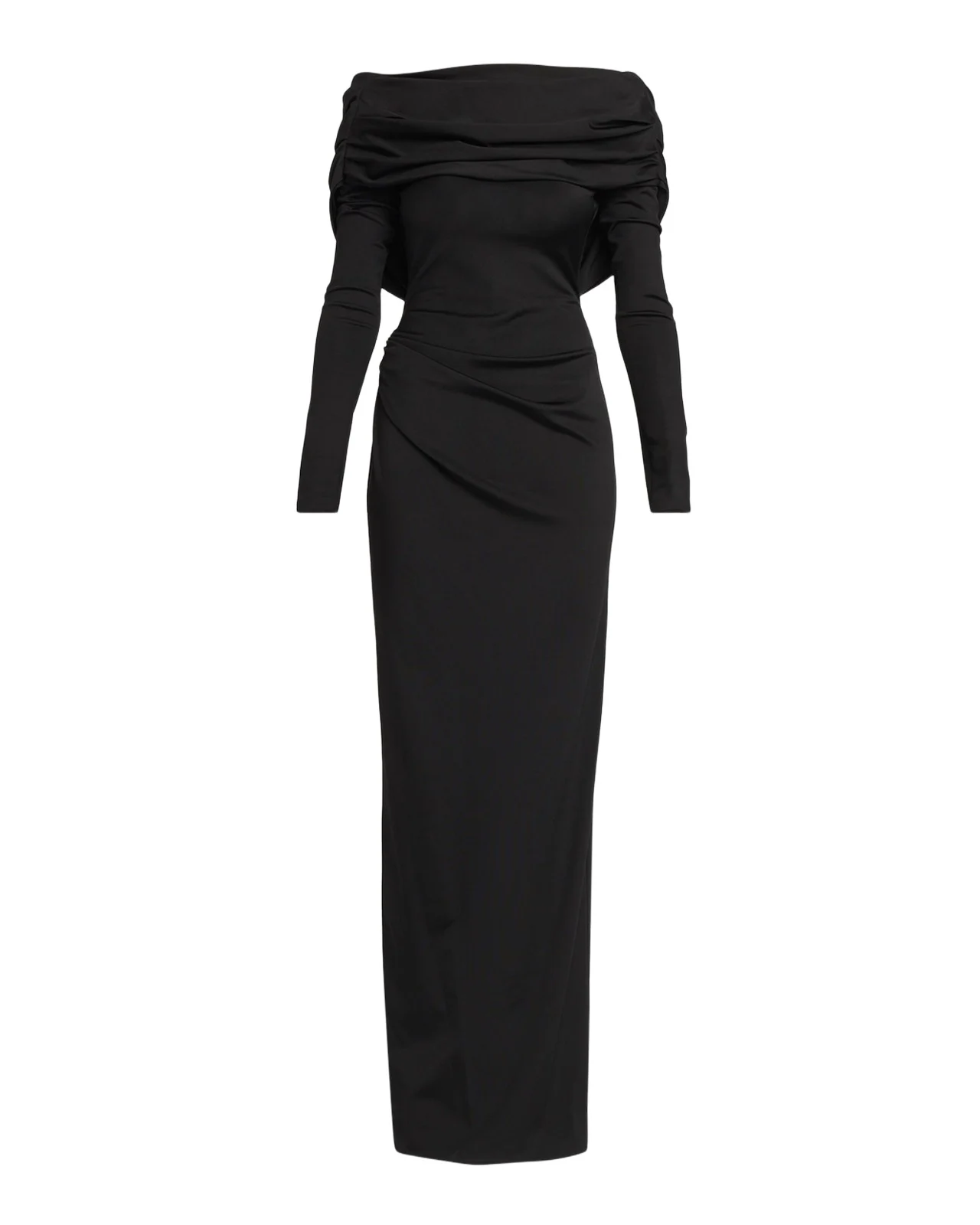 Lela Rose Off-The-Shoulder Satin Jersey Draped Backless Gown