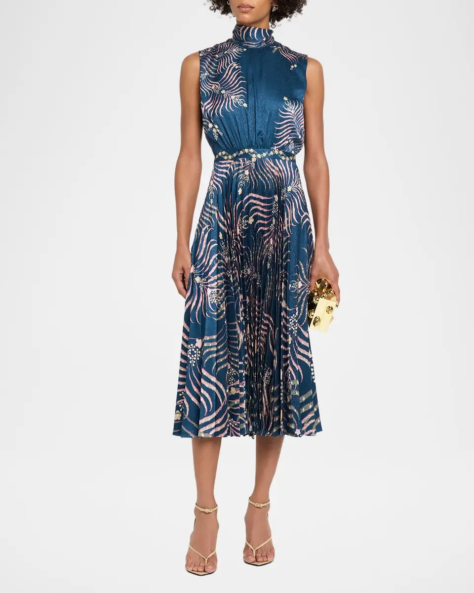 Saloni Fleur Pleated Satin Sleeveless Midi Dress | Thumbnail 2