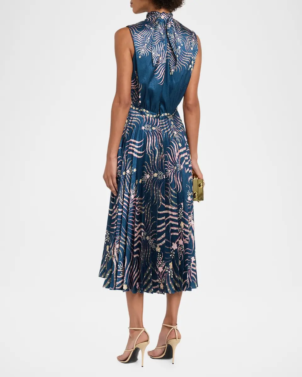 Saloni Fleur Pleated Satin Sleeveless Midi Dress | Thumbnail 3