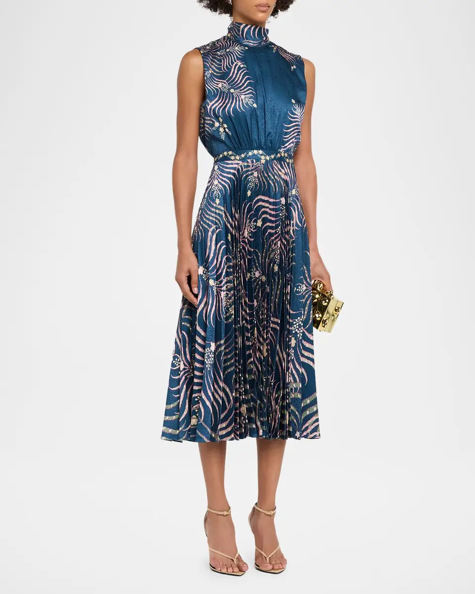 Saloni Fleur Pleated Satin Sleeveless Midi Dress | Thumbnail 4
