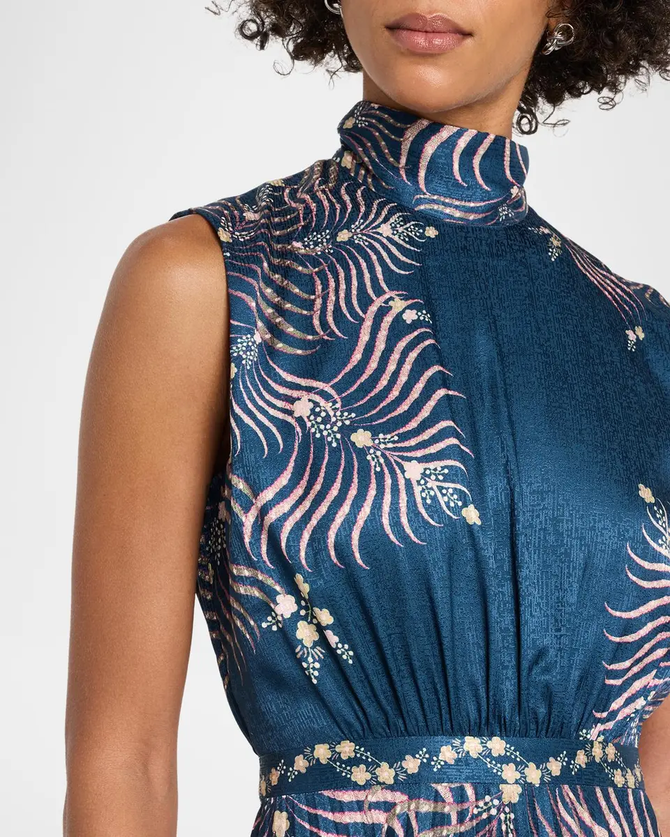 Saloni Fleur Pleated Satin Sleeveless Midi Dress | Thumbnail 5