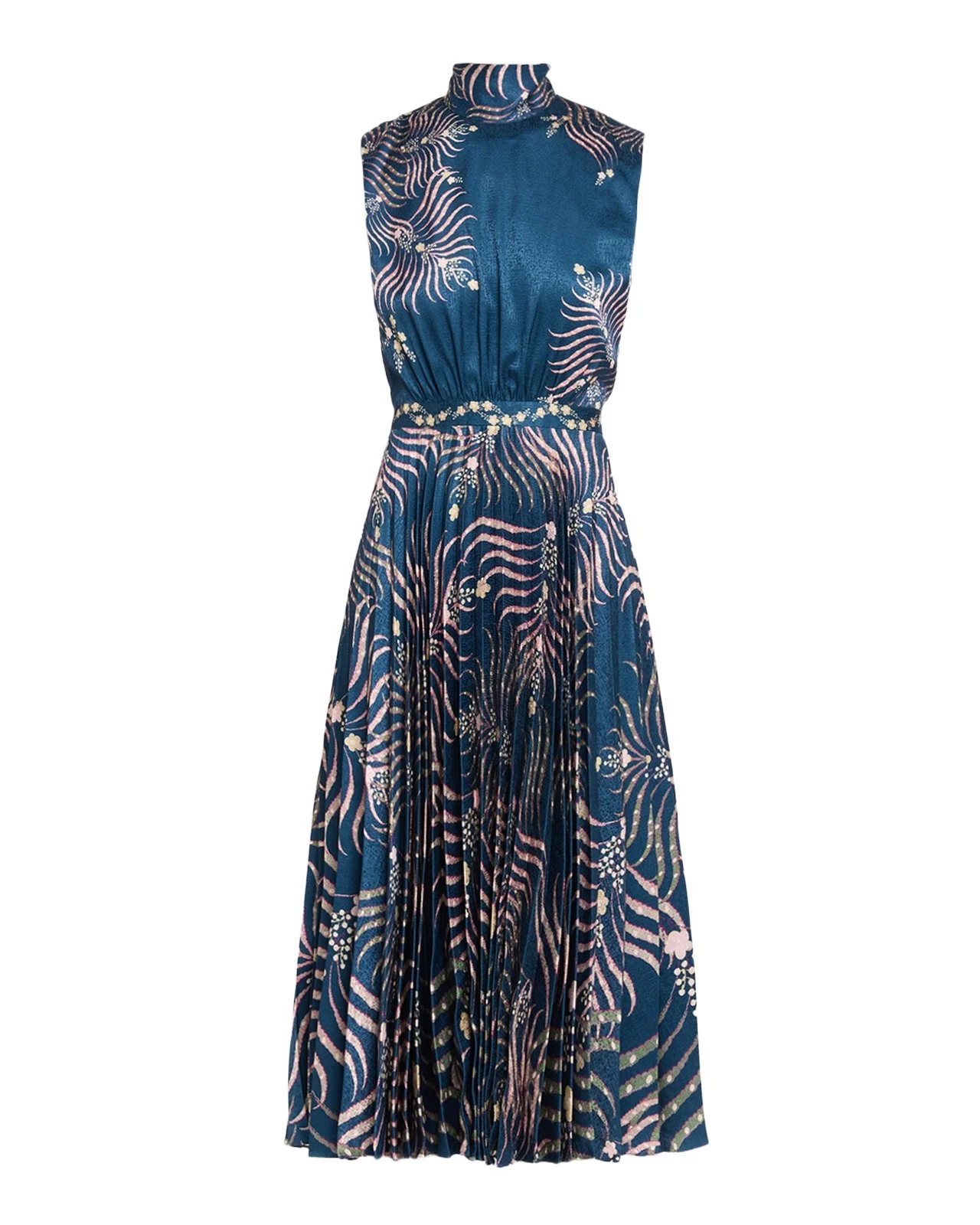 Fleur Pleated Satin Sleeveless Midi Dress