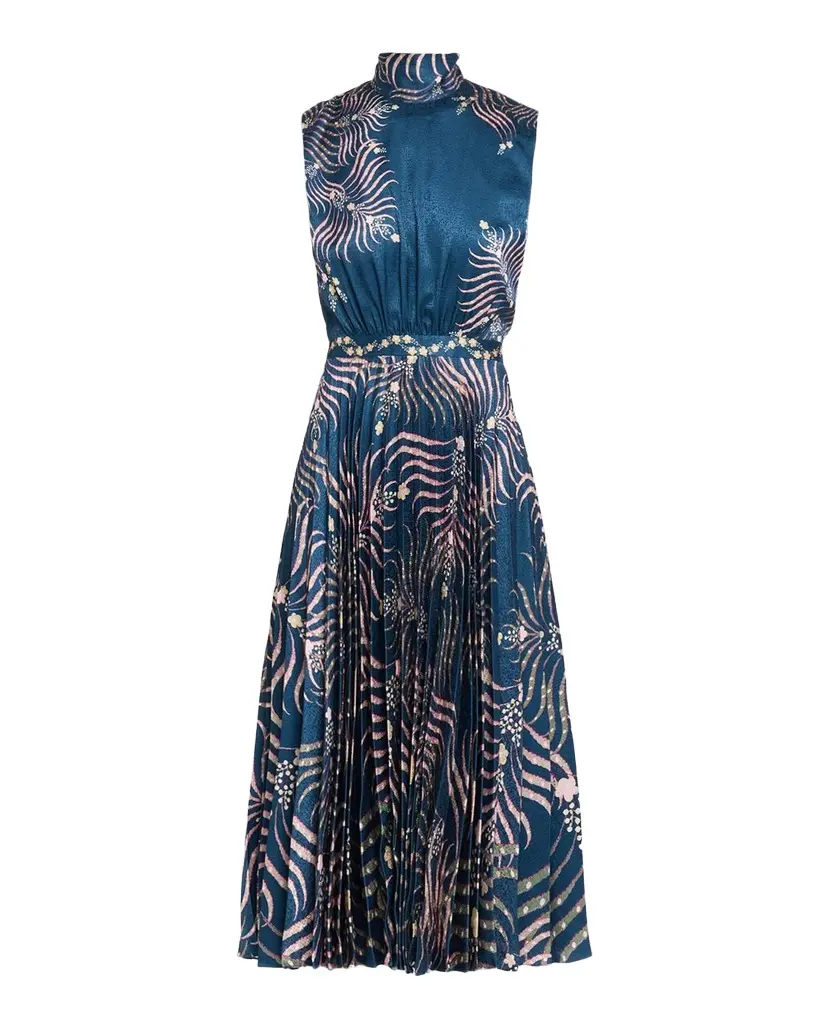 Fleur Pleated Satin Sleeveless Midi Dress Fleur Pleated Satin Sleeveless Midi Dress