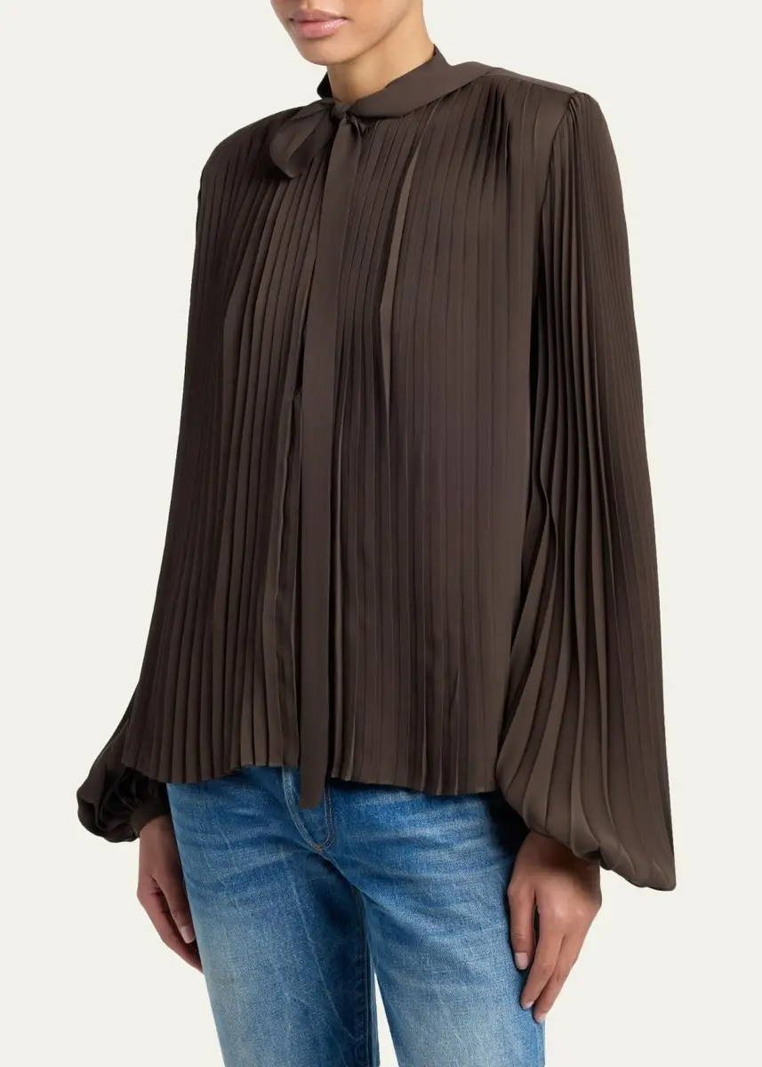 Tom Ford Pleated Balloon-Sleeve Neck-Scarf Blouse | Thumbnail 4 Tom Ford Pleated Balloon-Sleeve Neck-Scarf Blouse | Thumbnail 4