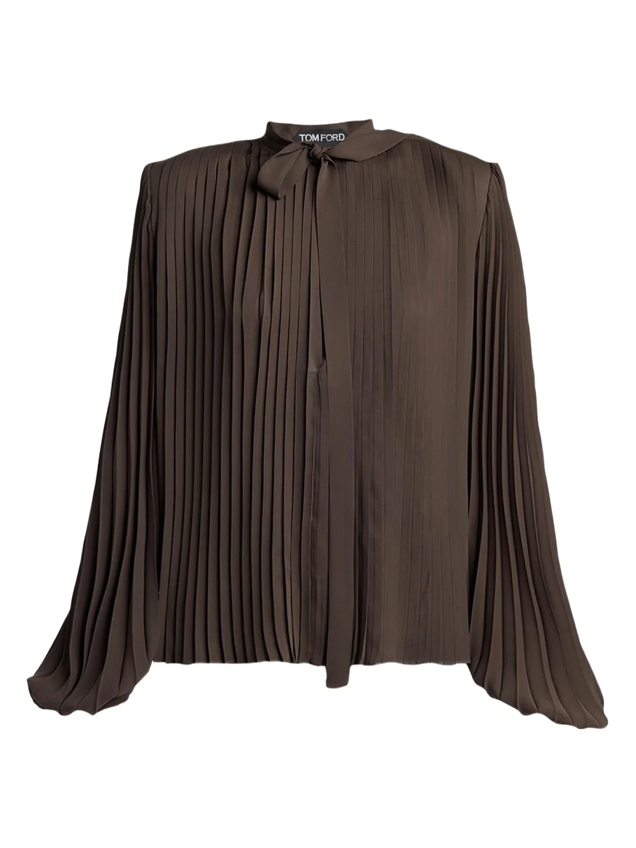 Tom Ford Pleated Balloon-Sleeve Neck-Scarf Blouse