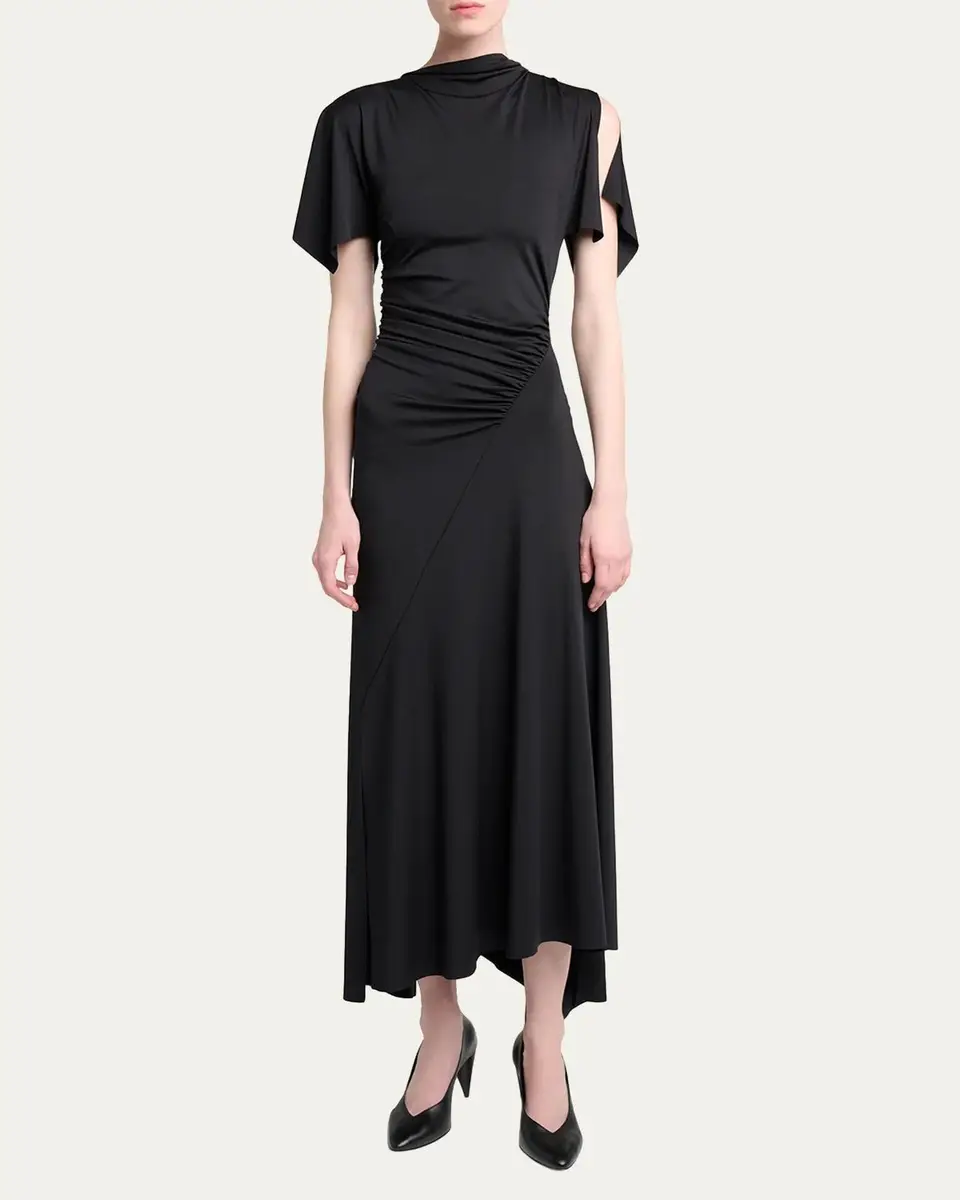 Victoria Beckham Blousey Asymmetric Short-Sleeve Midi Dress | Thumbnail 2