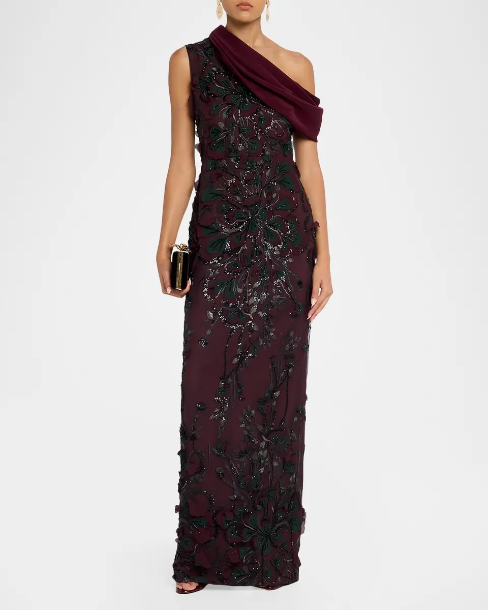 BADGLEY MISCHKA Embroidered One-Shoulder Column Gown | Thumbnail 2