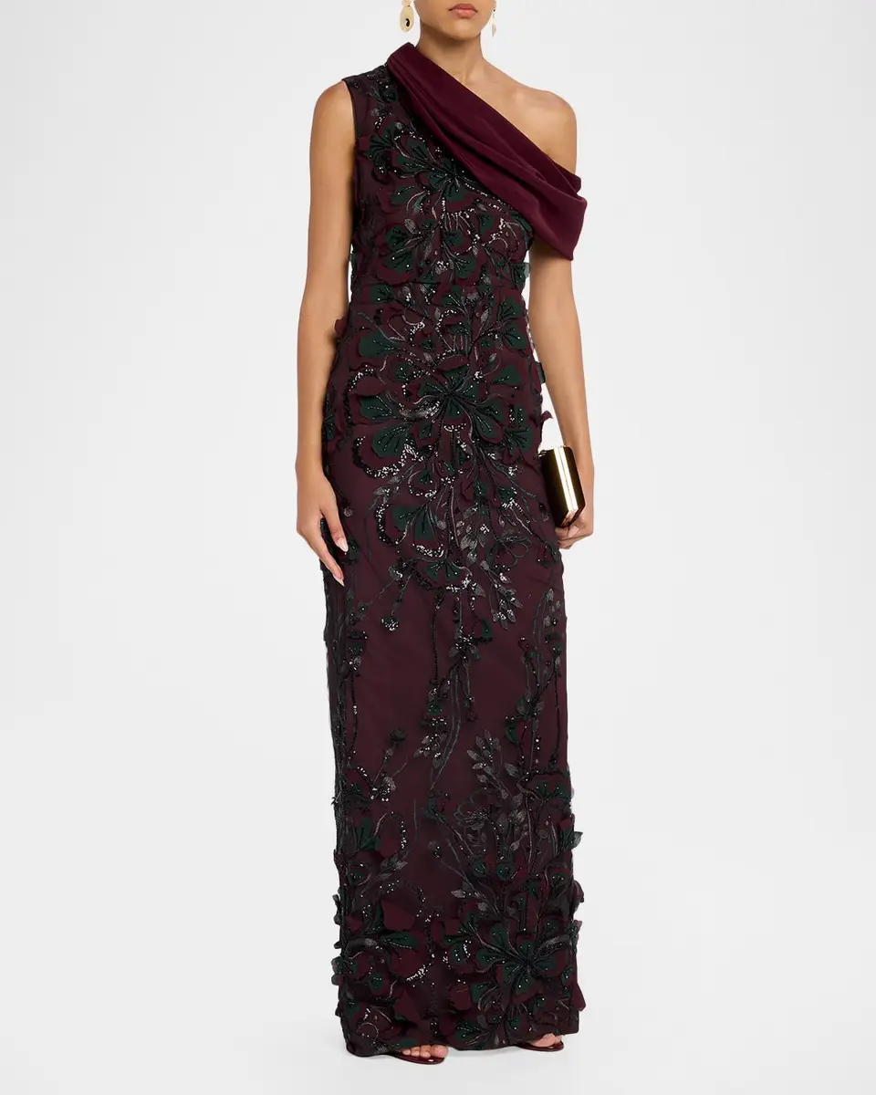 BADGLEY MISCHKA Embroidered One-Shoulder Column Gown | Thumbnail 4