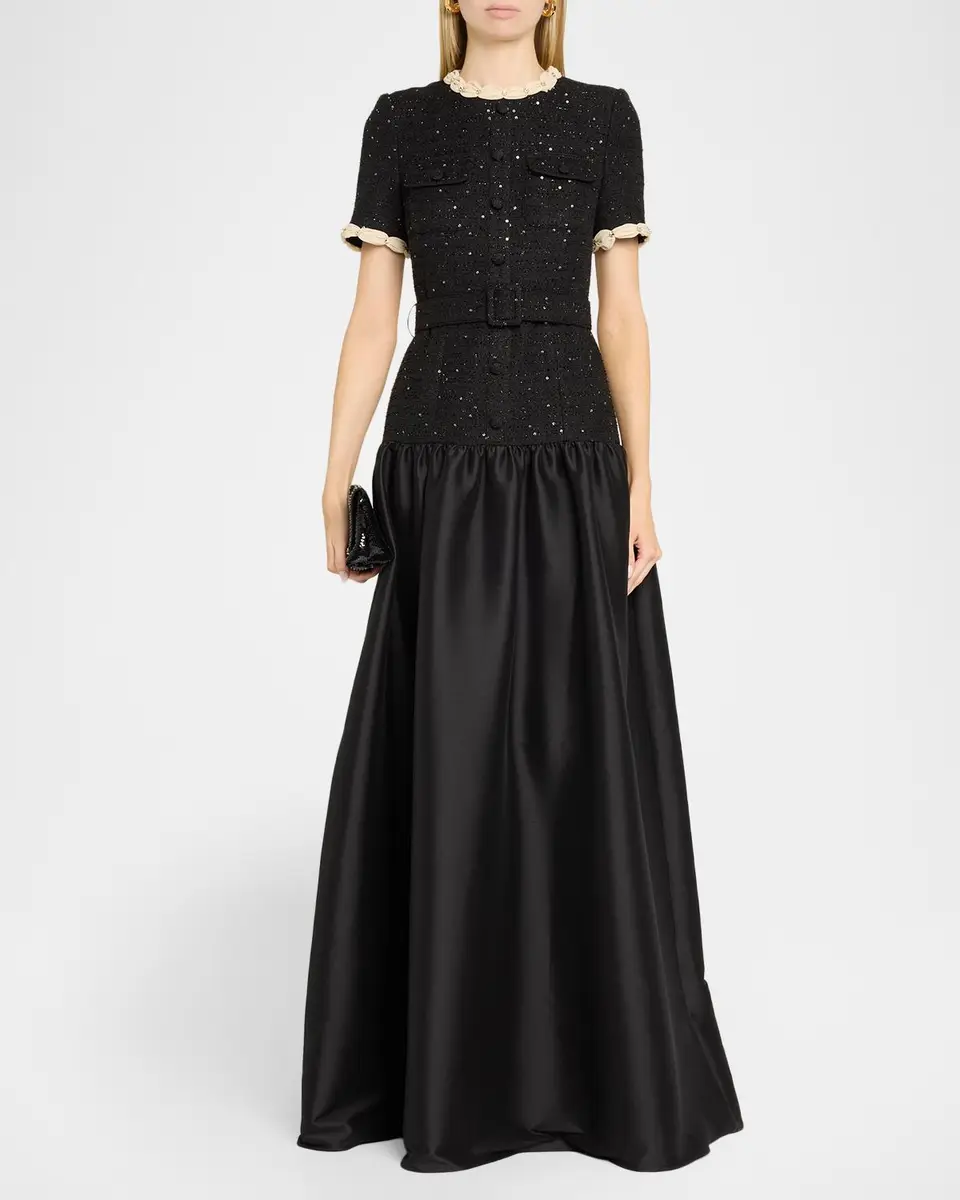 BADGLEY MISCHKA A-Line Sequin Tweed & Mikado Gown | Thumbnail 2