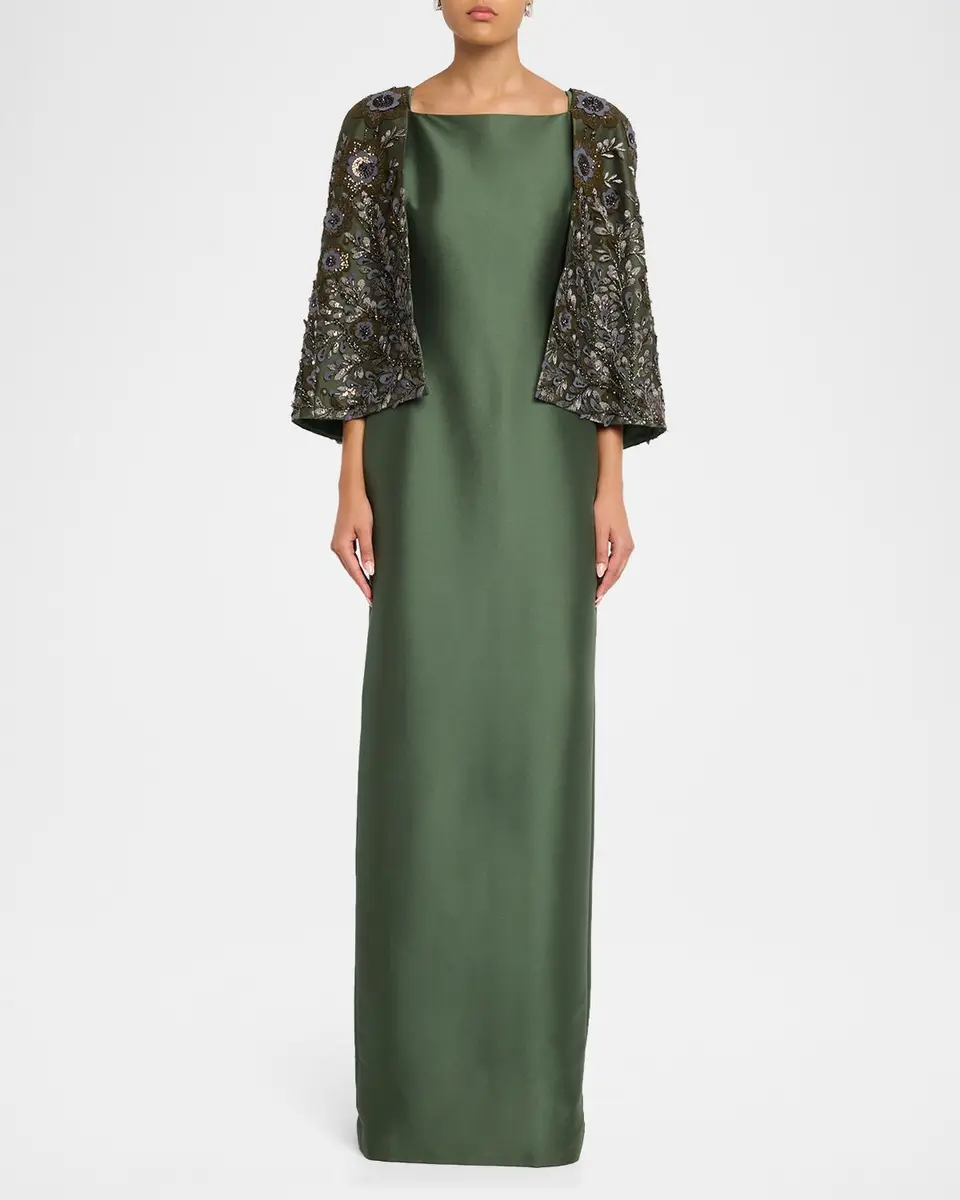 BADGLEY MISCHKA Floral-Embroidered Cape Column Gown | Thumbnail 2 BADGLEY MISCHKA Floral-Embroidered Cape Column Gown | Thumbnail 2
