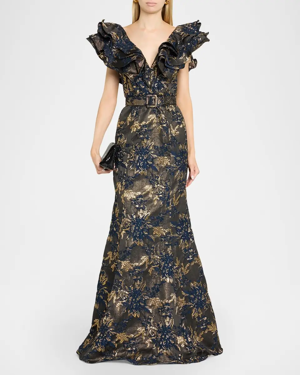 BADGLEY MISCHKA Ruffle Metallic Jacquard Mermaid Gown | Thumbnail 2
