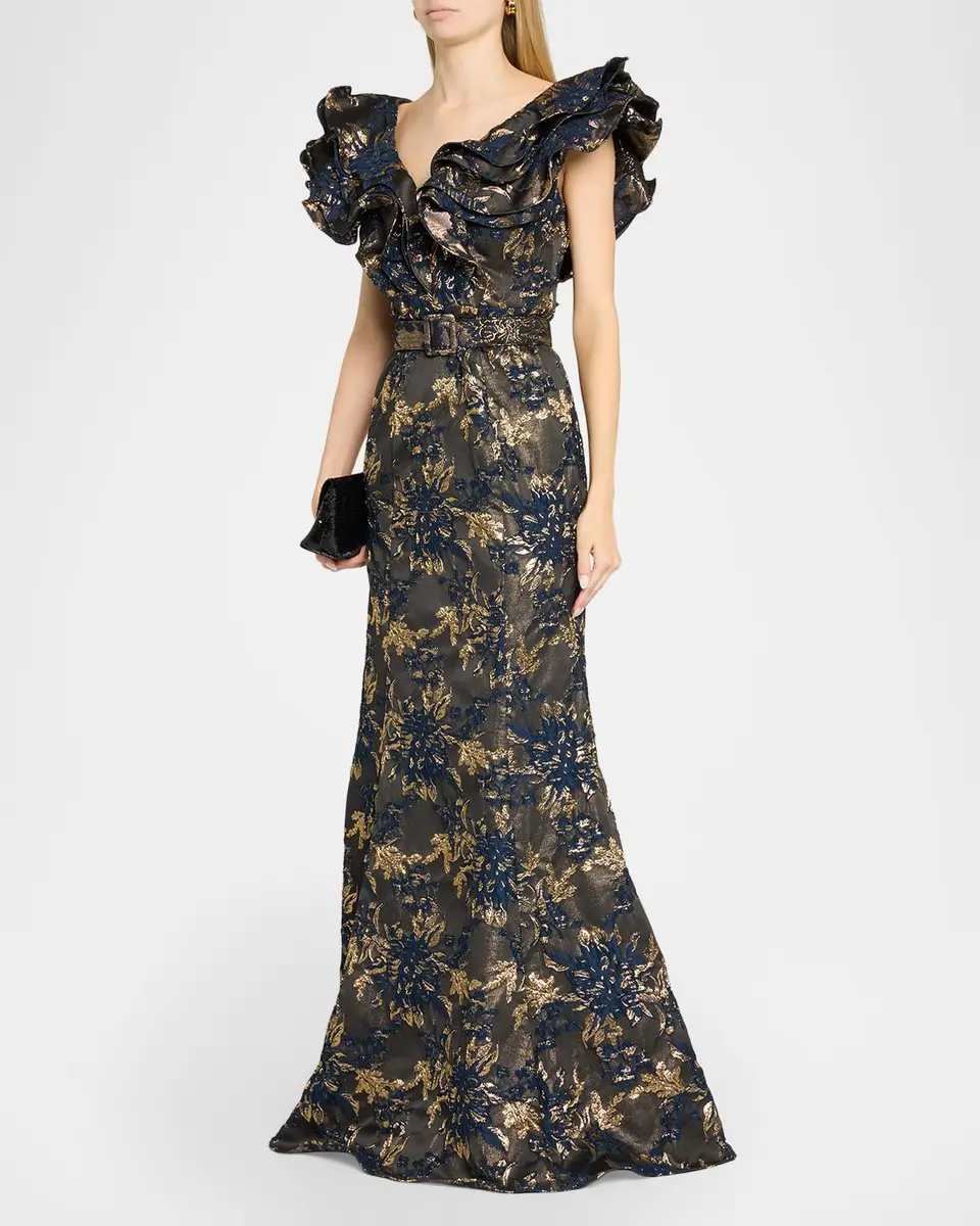 BADGLEY MISCHKA Ruffle Metallic Jacquard Mermaid Gown | Thumbnail 4