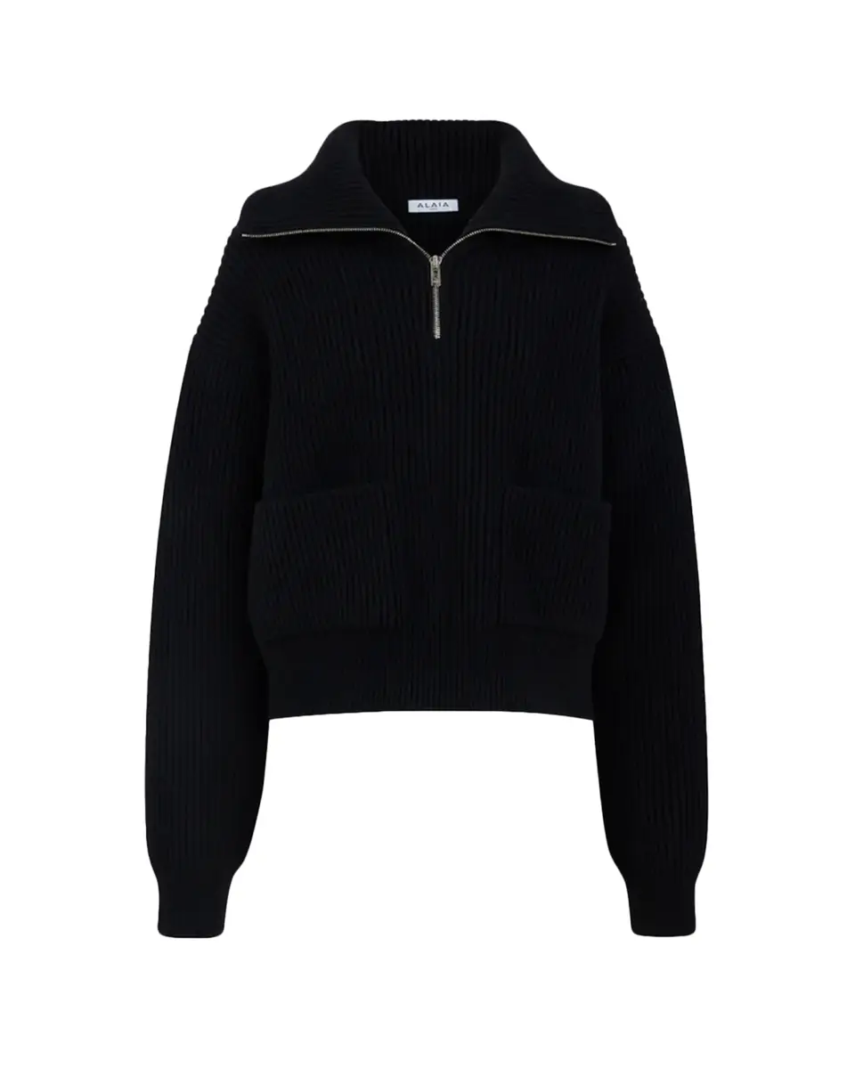 Alaïa Wool-Cashmere Rib Half-Zip Trucker Sweater | Thumbnail 2
