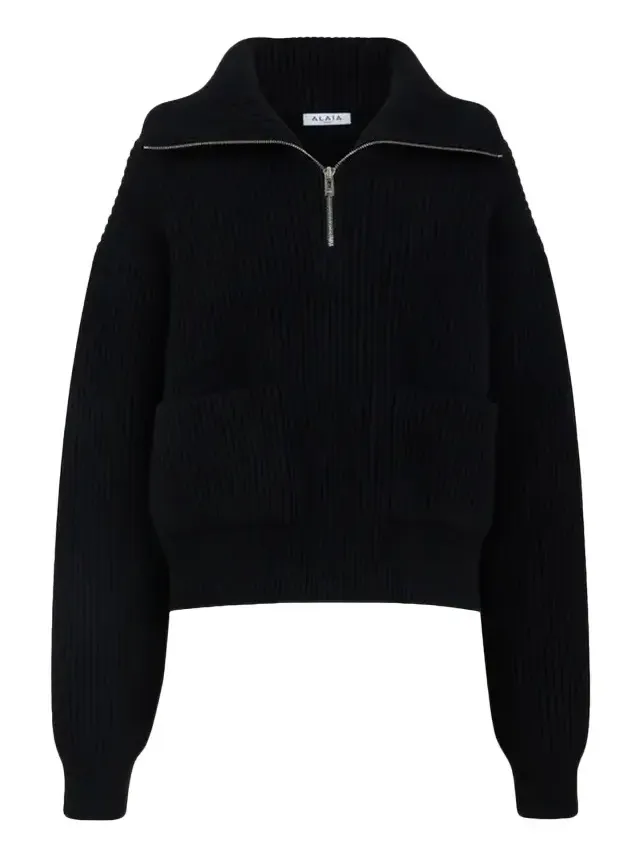 Alaïa Wool-Cashmere Rib Half-Zip Trucker Sweater