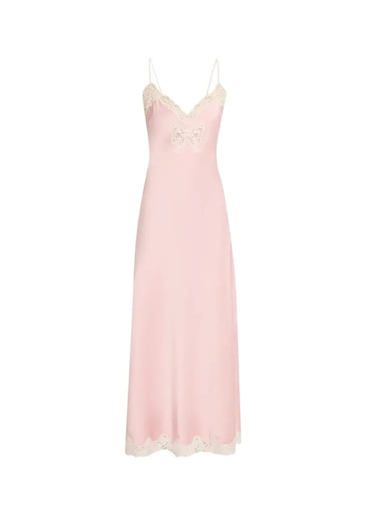LoveShackFancy Lomira Bow Applique Satin Slip Dress