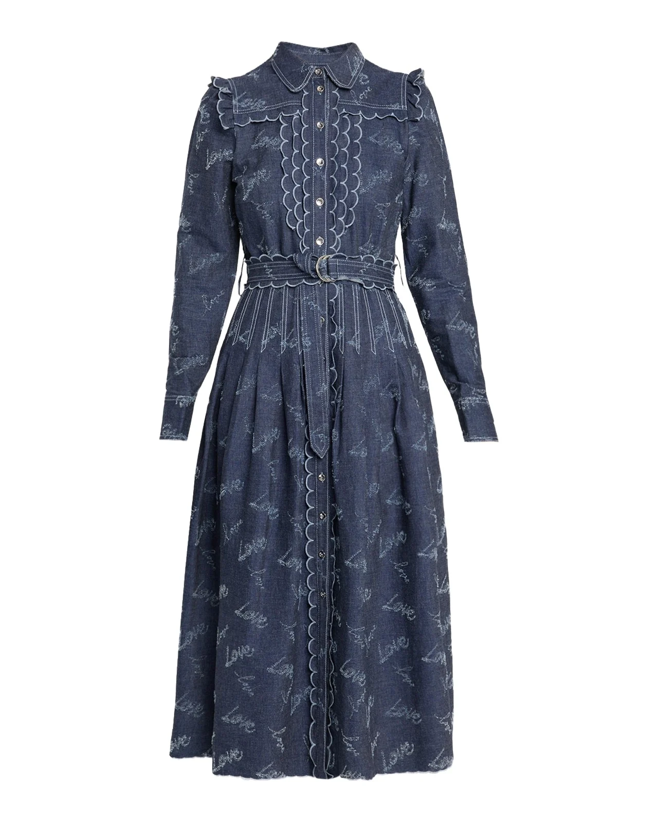 MAISON COMMON Belted Embroidered Chambray Midi Shirtdress