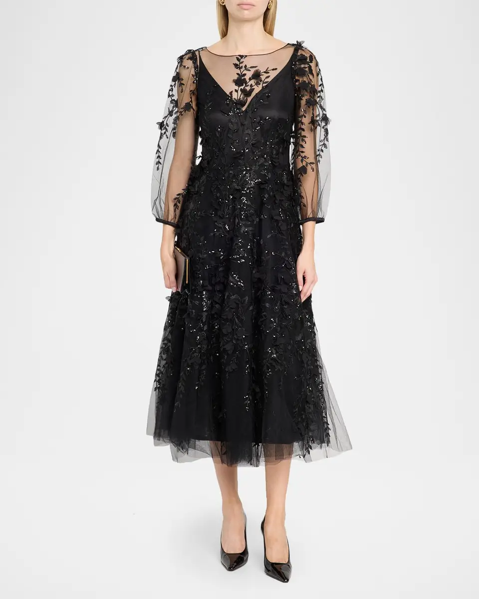 MAISON COMMON Floral Embroidered Tulle Illusion Midi Dress | Thumbnail 2