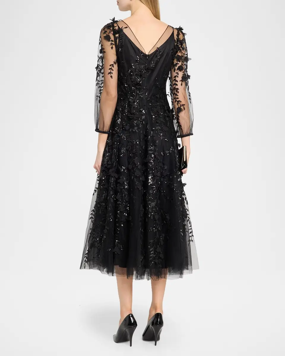 MAISON COMMON Floral Embroidered Tulle Illusion Midi Dress | Thumbnail 3