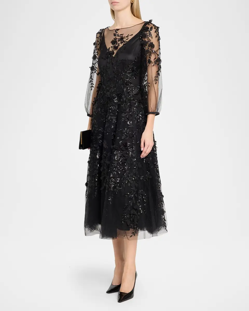 MAISON COMMON Floral Embroidered Tulle Illusion Midi Dress | Thumbnail 4