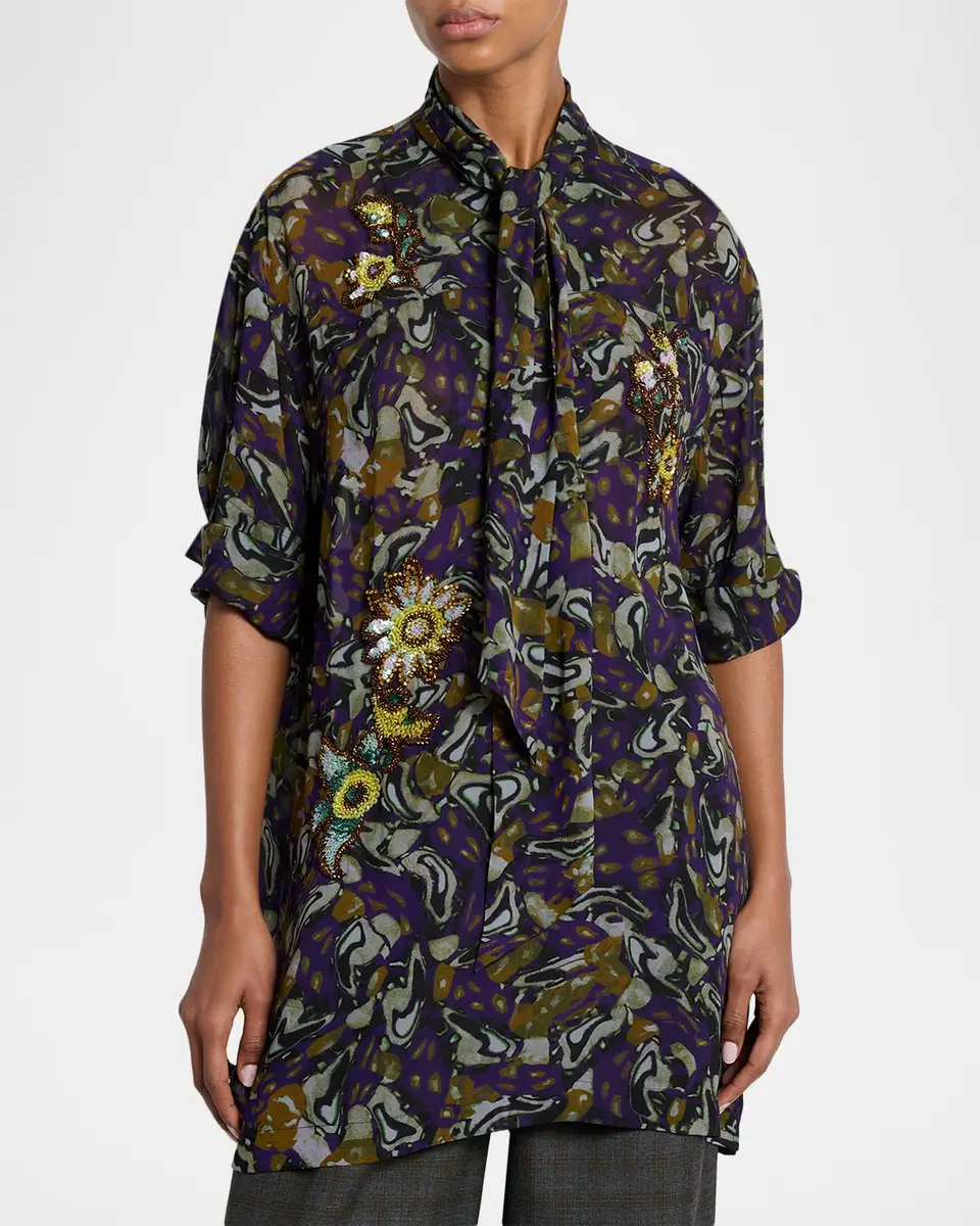 Dries Van Noten Floral Embellished Neck-Scarf Tunic Blouse | Thumbnail 4 Dries Van Noten Floral Embellished Neck-Scarf Tunic Blouse | Thumbnail 4