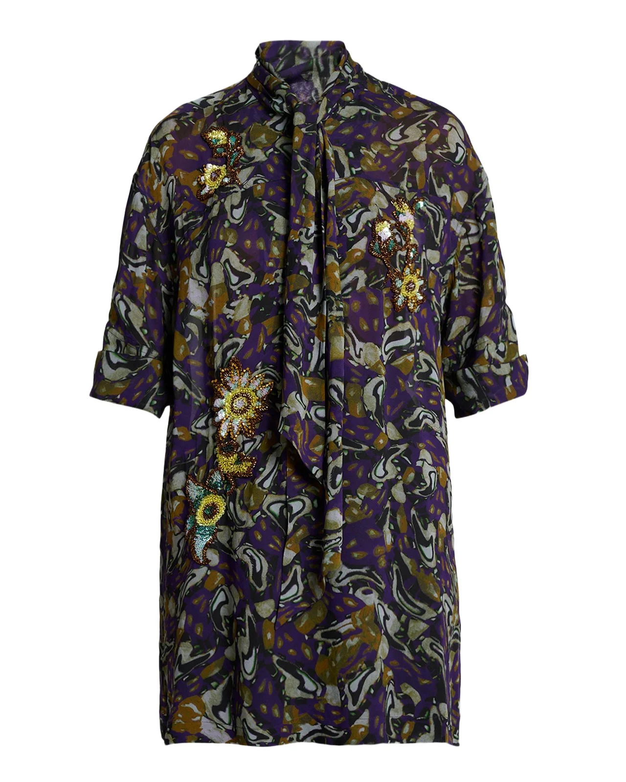 Dries Van Noten Floral Embellished Neck-Scarf Tunic Blouse