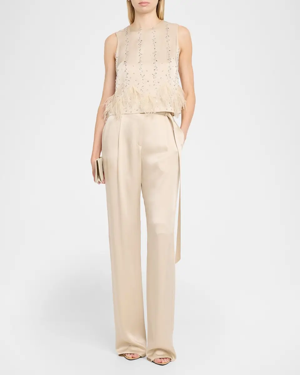Lapointe Crystal & Feather Embellished Satin Cropped Tank Top | Thumbnail 2 Lapointe Crystal & Feather Embellished Satin Cropped Tank Top | Thumbnail 2