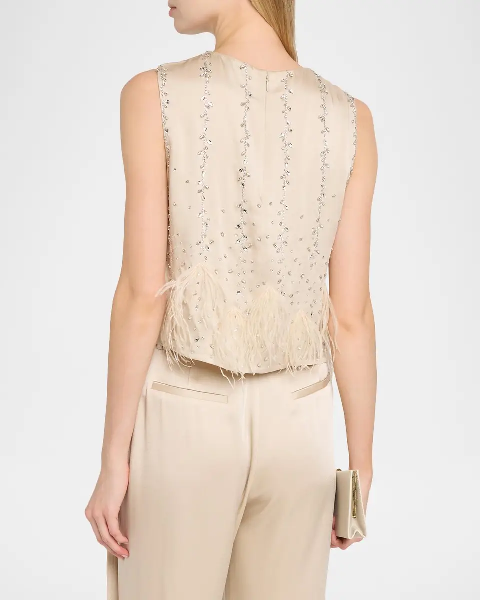 Lapointe Crystal & Feather Embellished Satin Cropped Tank Top | Thumbnail 3 Lapointe Crystal & Feather Embellished Satin Cropped Tank Top | Thumbnail 3