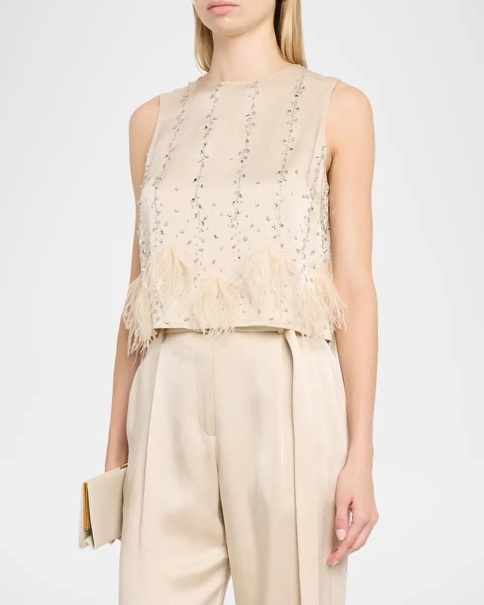 Lapointe Crystal & Feather Embellished Satin Cropped Tank Top | Thumbnail 4 Lapointe Crystal & Feather Embellished Satin Cropped Tank Top | Thumbnail 4