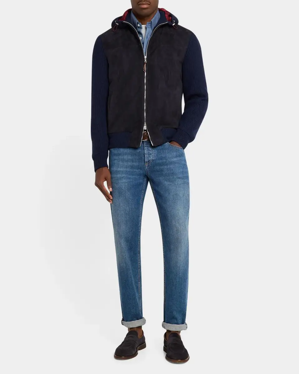 Brunello Cucinelli Men's Suede-Paneled Hooded Jacket | Thumbnail 2