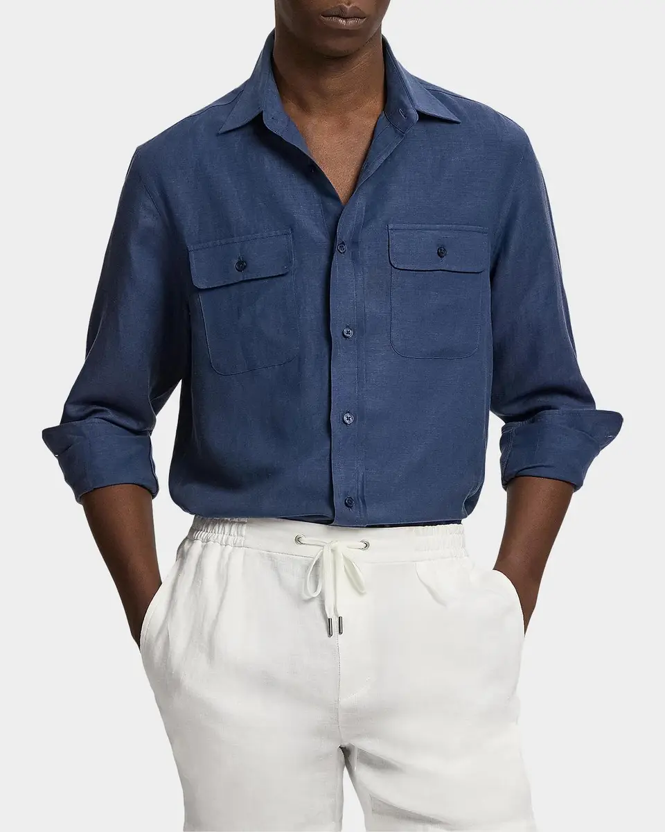 Ralph Lauren Purple Label Men's Silk-Linen Button-Front Shirt | Thumbnail 4 Ralph Lauren Purple Label Men's Silk-Linen Button-Front Shirt | Thumbnail 4