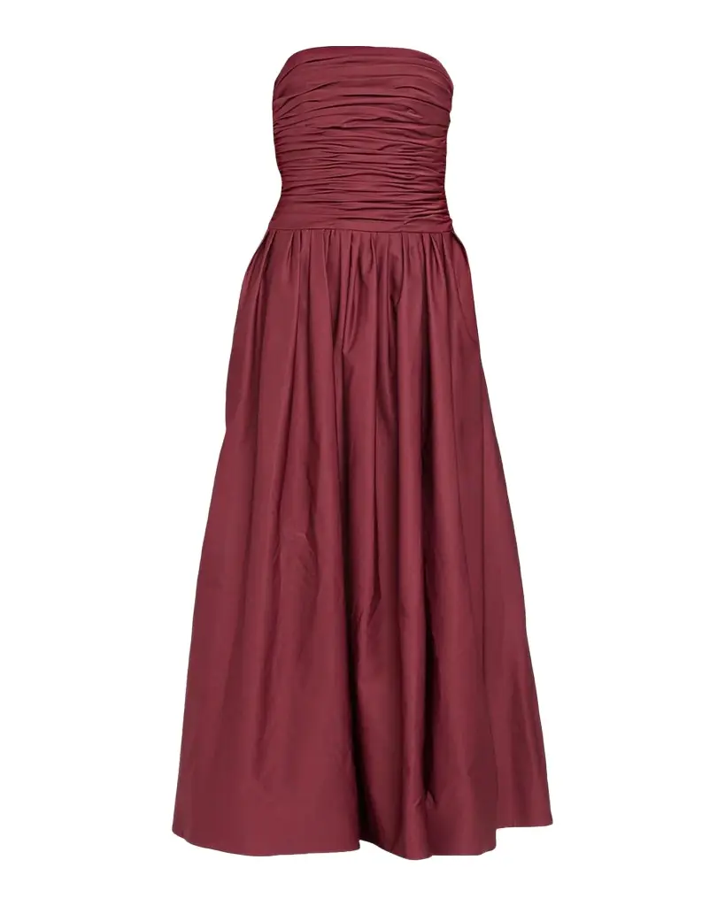 As It May Fayette Strapless Ruched Midi Dress