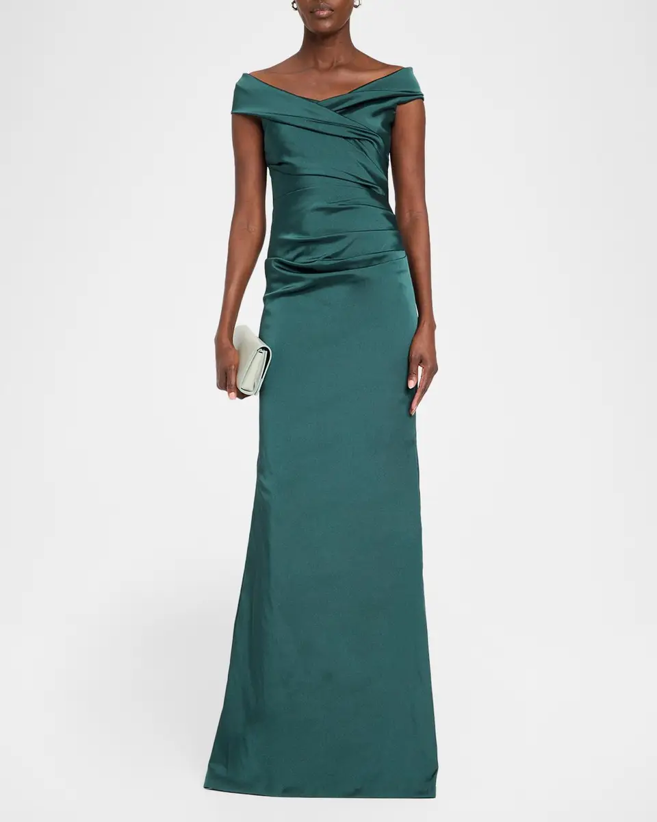 Rickie Freeman for Teri Jon Pleated Off-Shoulder Satin Column Gown | Thumbnail 2