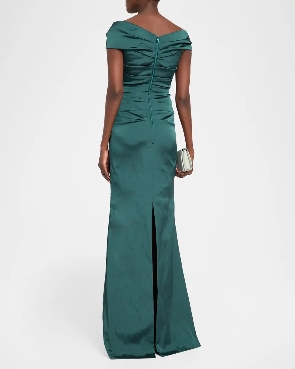 Rickie Freeman for Teri Jon Pleated Off-Shoulder Satin Column Gown | Thumbnail 3