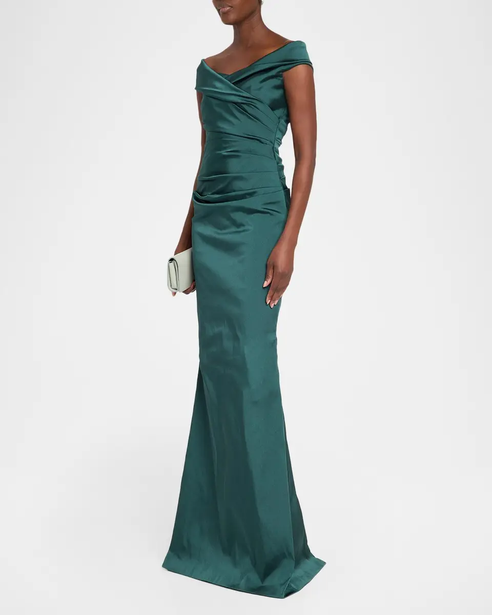Rickie Freeman for Teri Jon Pleated Off-Shoulder Satin Column Gown | Thumbnail 4