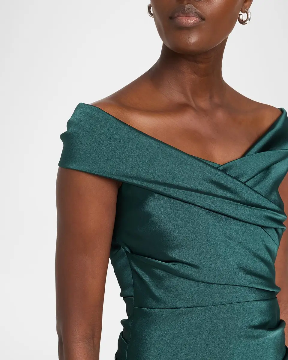 Rickie Freeman for Teri Jon Pleated Off-Shoulder Satin Column Gown | Thumbnail 5