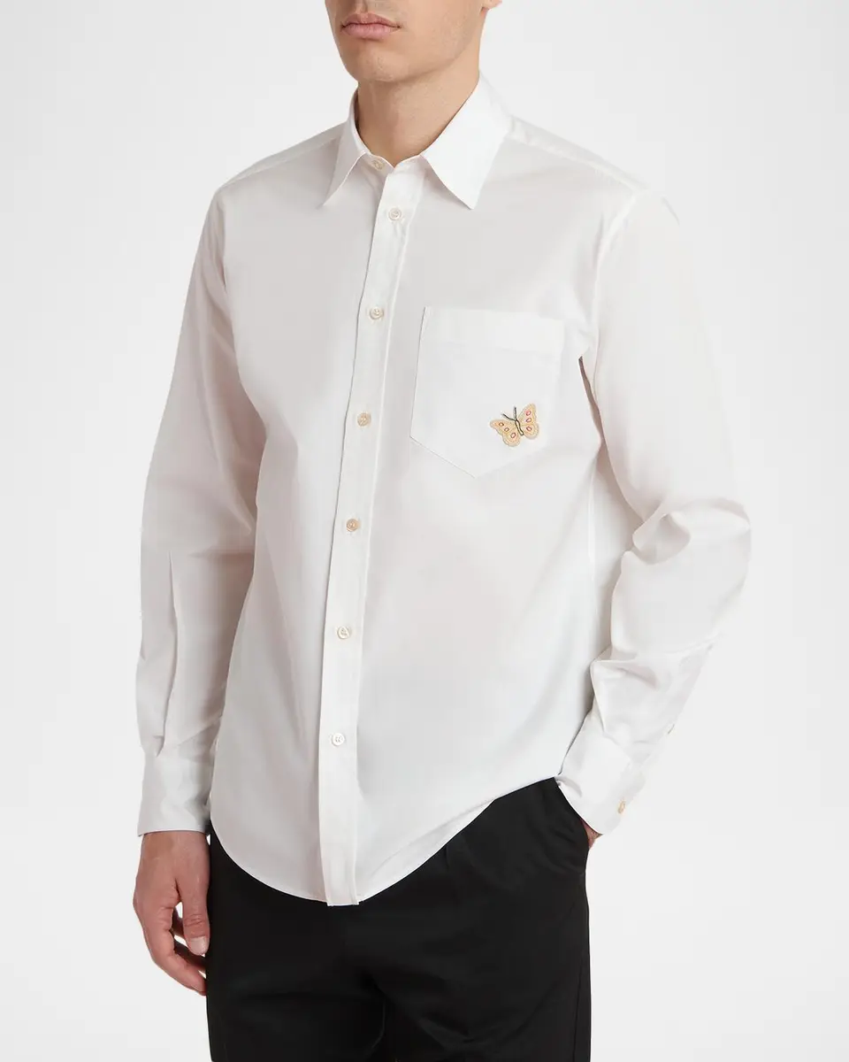 Valentino Garavani Men's Cotton Butterfly-Embroidered Pocket Sport Shirt | Thumbnail 4