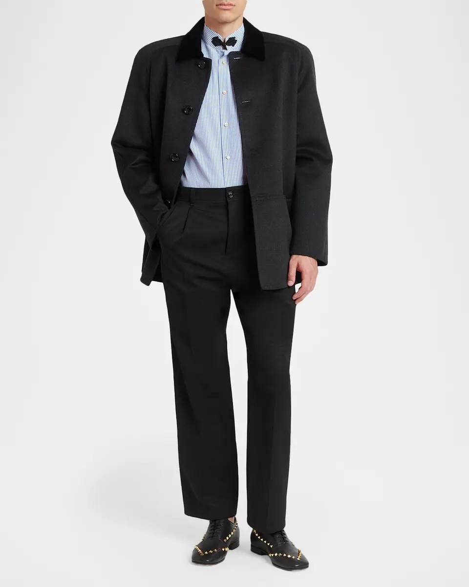 Valentino Garavani Men's Embroidered Striped Band-Collar Shirt | Thumbnail 2