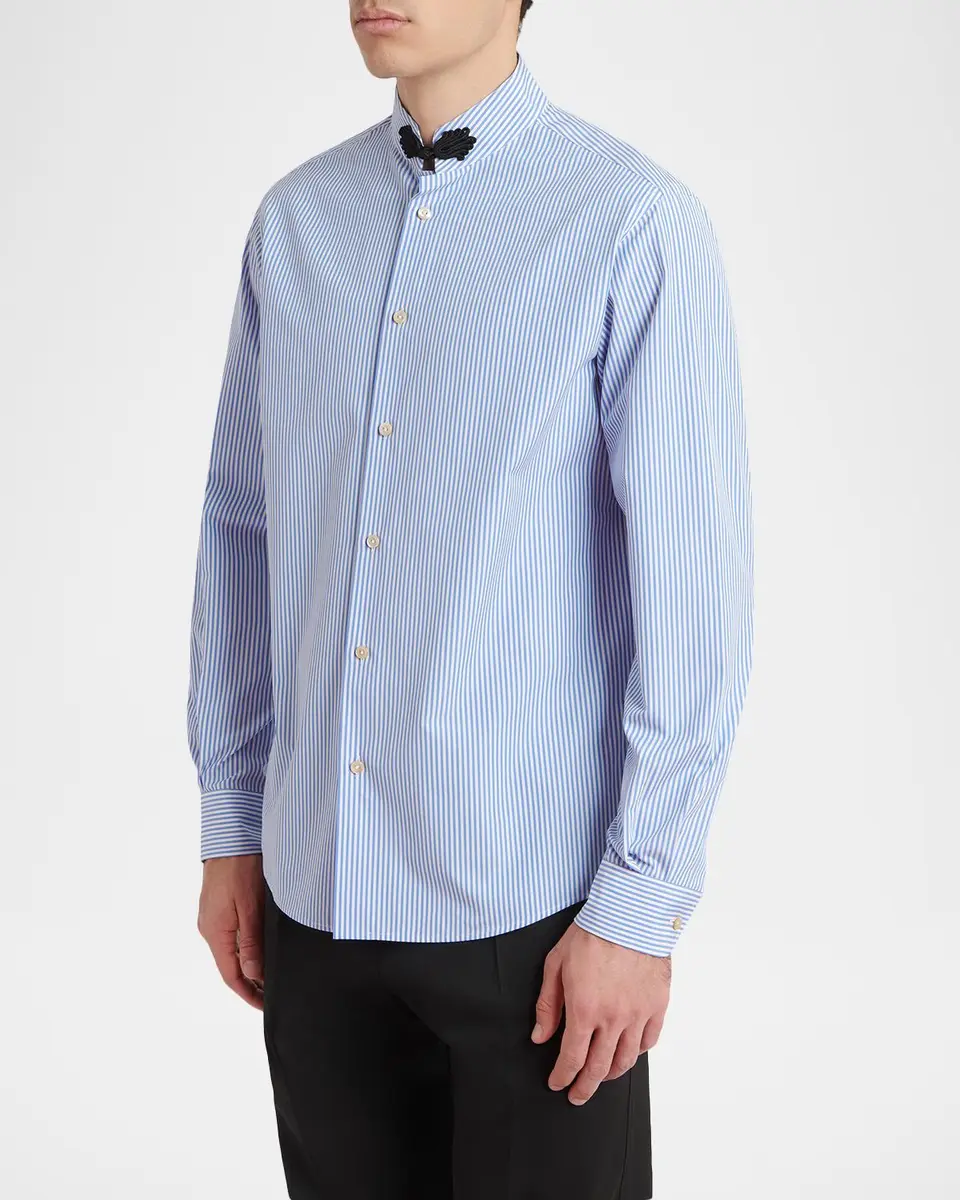 Valentino Garavani Men's Embroidered Striped Band-Collar Shirt | Thumbnail 4