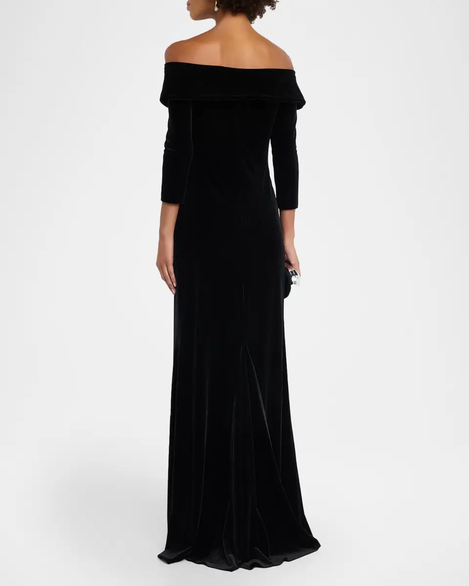 Rickie Freeman for Teri Jon Off-Shoulder Stretch Vevlet Column Gown | Thumbnail 3