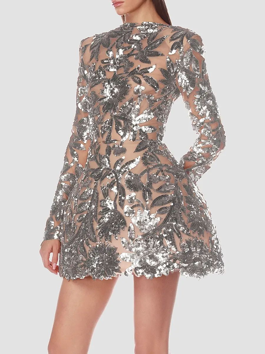Bronx and Banco Women's Sequined Floral Long-Sleeve Mini Dress | Thumbnail 4