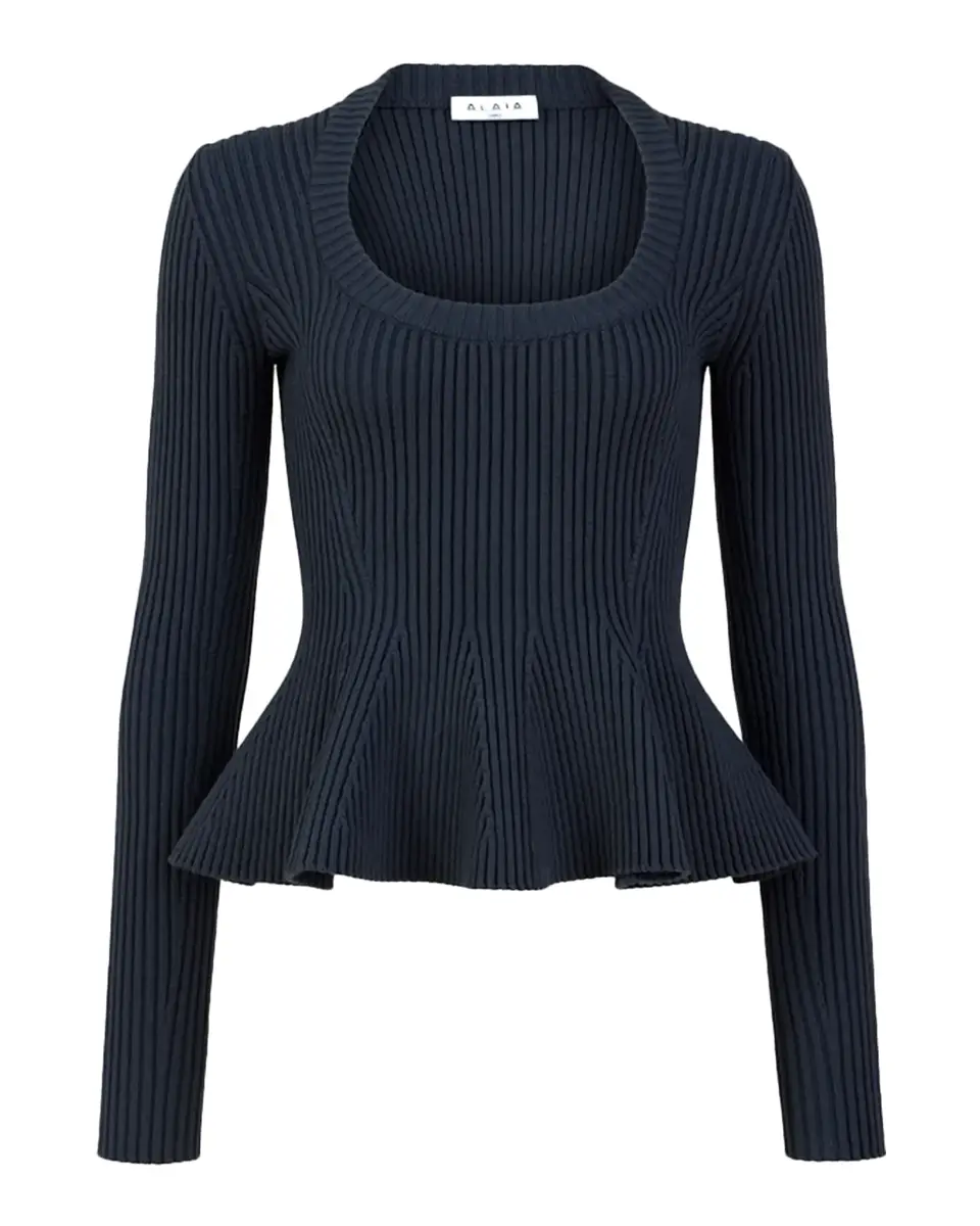 Alaïa Wool Rib Long-Sleeve Peplum Top | Thumbnail 2 Alaïa Wool Rib Long-Sleeve Peplum Top | Thumbnail 2