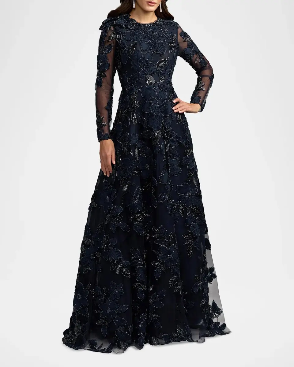 Mac Duggal Floral Mesh Long-Sleeve Gown | Thumbnail 2 Mac Duggal Floral Mesh Long-Sleeve Gown | Thumbnail 2