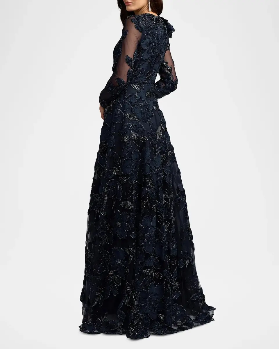 Mac Duggal Floral Mesh Long-Sleeve Gown | Thumbnail 3 Mac Duggal Floral Mesh Long-Sleeve Gown | Thumbnail 3