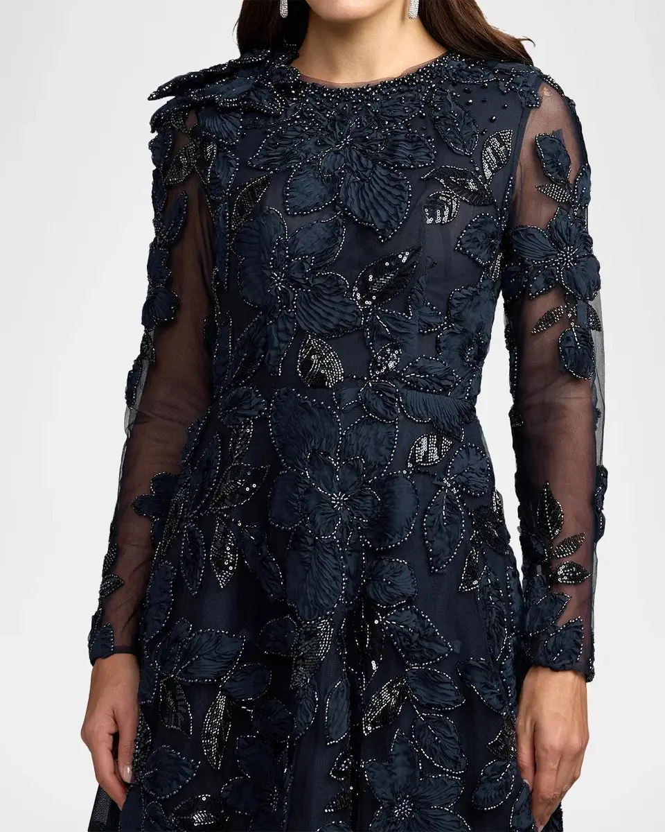Mac Duggal Floral Mesh Long-Sleeve Gown | Thumbnail 4 Mac Duggal Floral Mesh Long-Sleeve Gown | Thumbnail 4