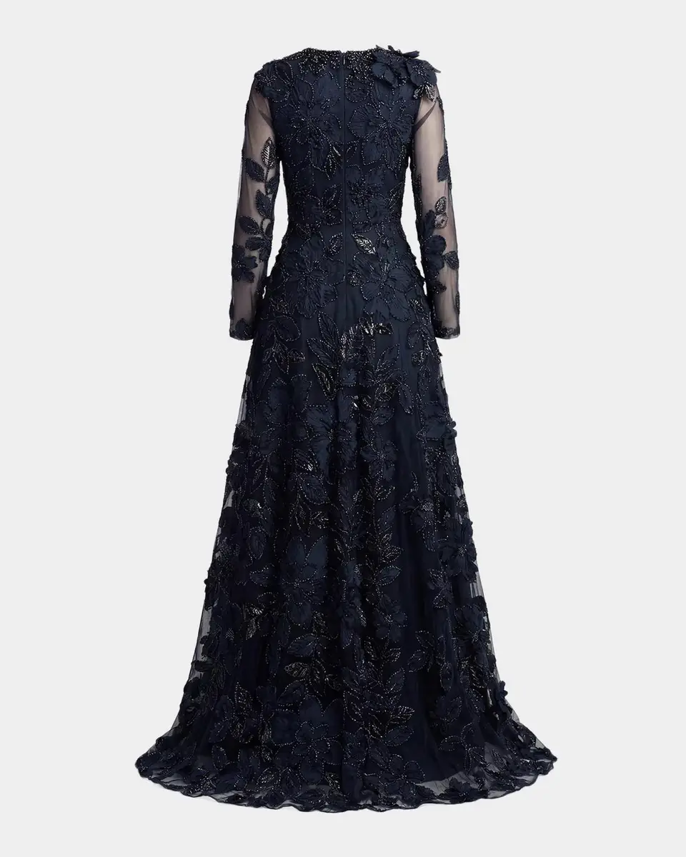 Mac Duggal Floral Mesh Long-Sleeve Gown | Thumbnail 5 Mac Duggal Floral Mesh Long-Sleeve Gown | Thumbnail 5