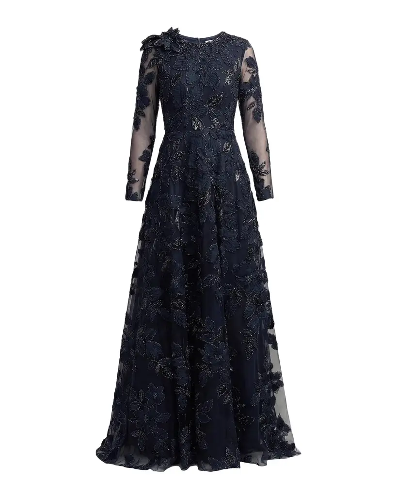 Floral Mesh Long-Sleeve Gown