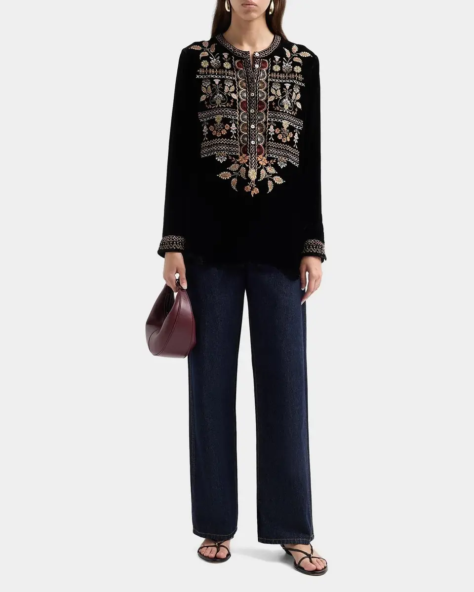 Johnny Was Floral-Embroidered Velvet Henley Tunic | Thumbnail 2 Johnny Was Floral-Embroidered Velvet Henley Tunic | Thumbnail 2